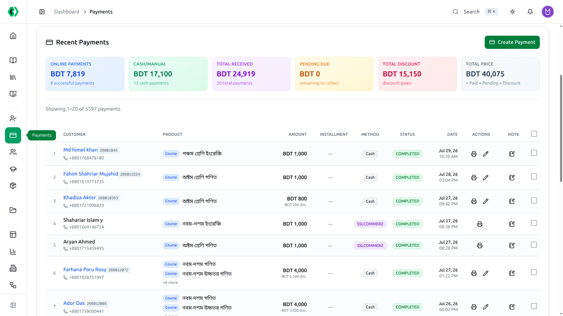 Course37 LMS — Payments ledger