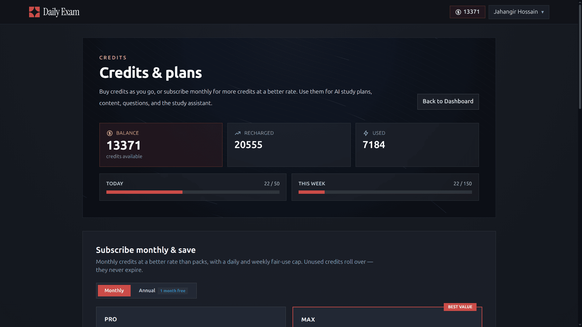 Daily Exam — Credits and plans