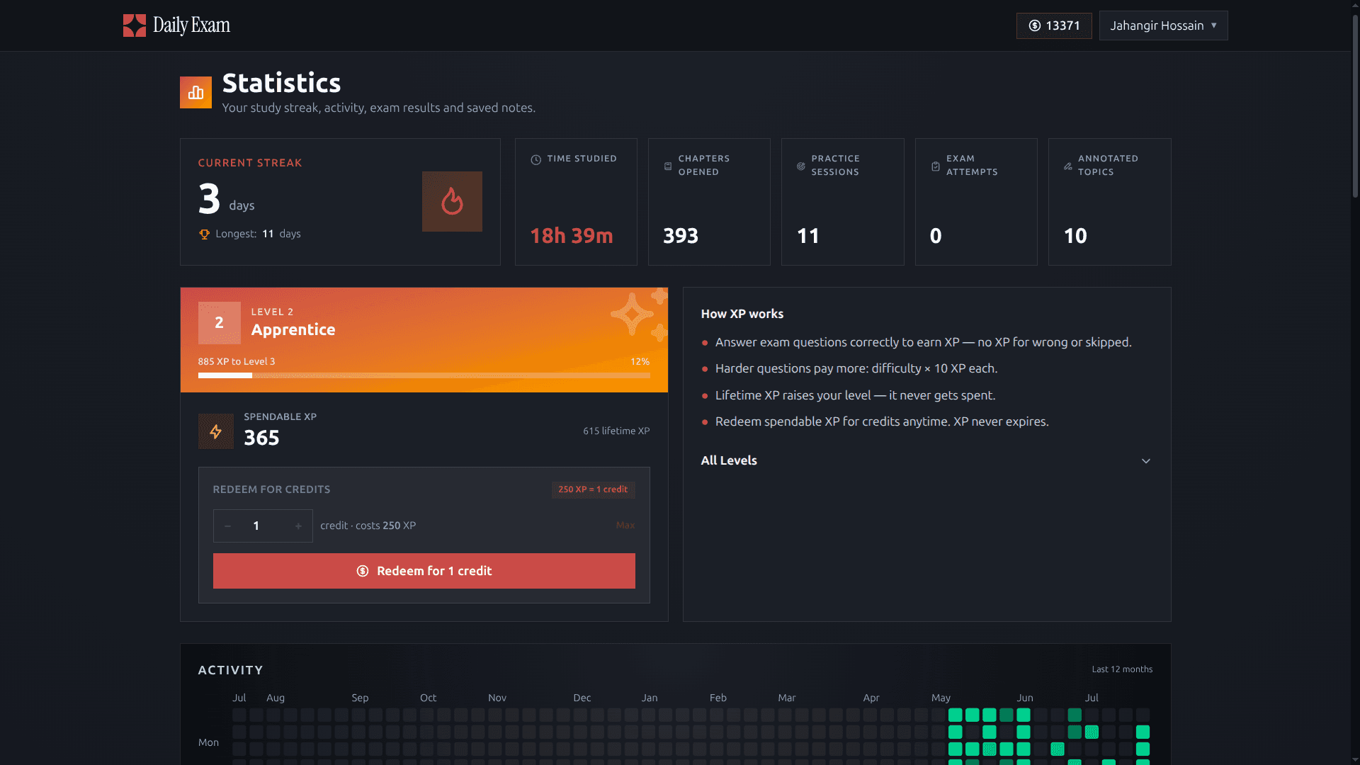 Daily Exam — Statistics and XP
